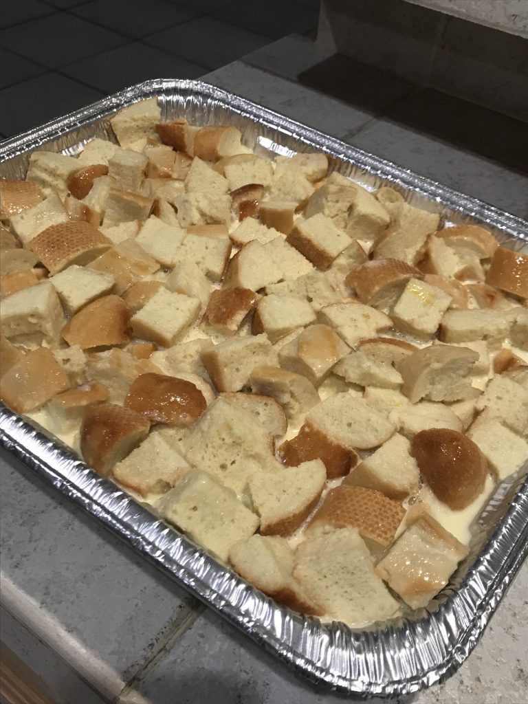 Cubed bread in custard